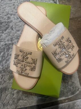 Tory Burch Crystal-Embellished Beige Slide Sandals